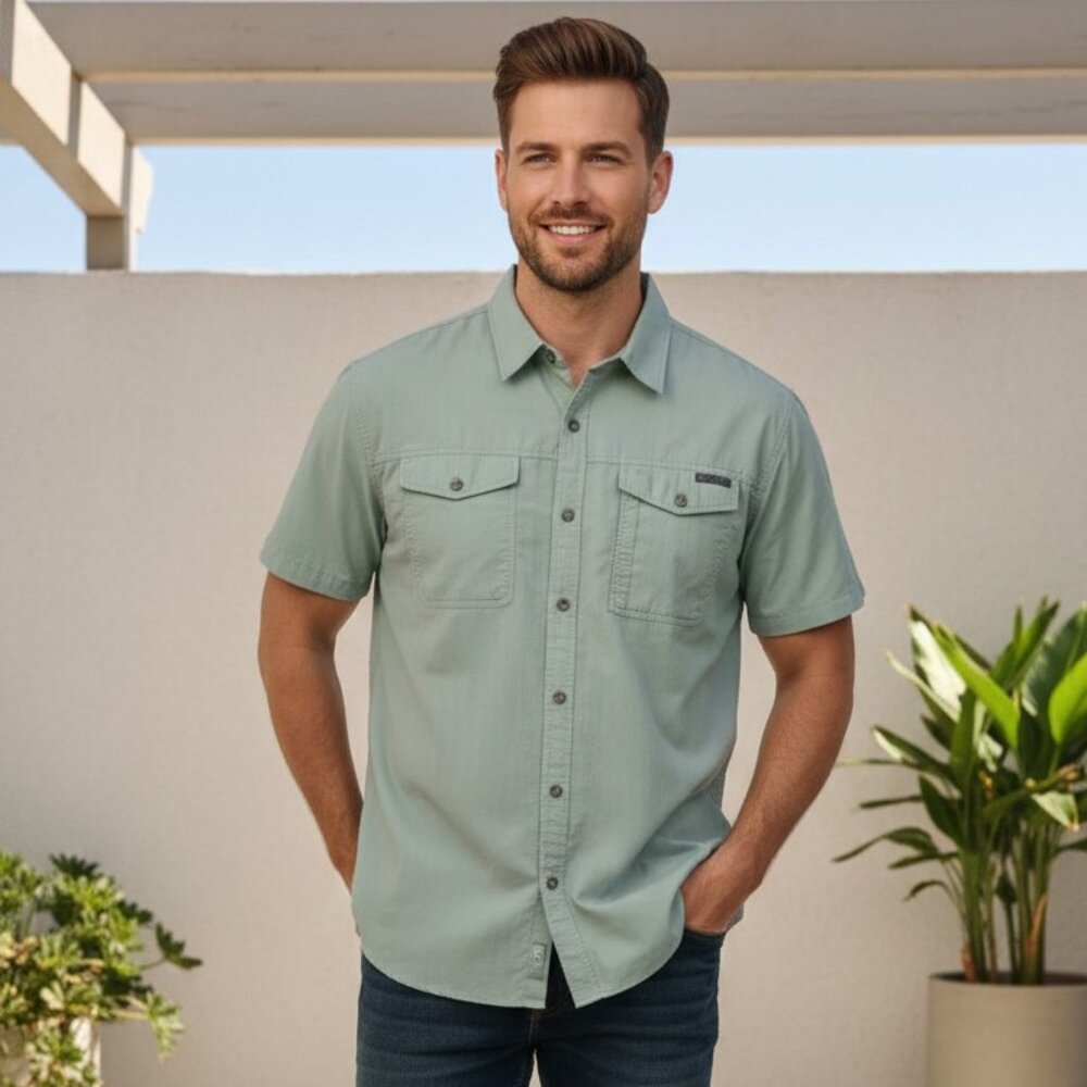 Free Country Men's Short Sleeve Regular Fit Button-Down Shirt Color - Basil